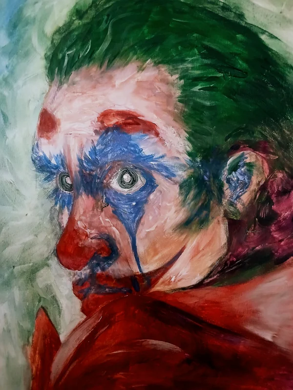 Joker, Ekspresivan portret snažnog emocionalnog naboja, u kojem se intenzivni zeleni, crveni i plavi tonovi isprepliću s naglašenim potezima kista. Djelo spaja figurativno slikarstvo s elementima psihološkog ekspresionizma, stvarajući upečatljiv vizualni dojam.
Idealno za: Moderne, industrijske, alternativne i umjetnički uređene interijere, kreativne studije, galerijske prostore i ljubitelje nekonvencionalne umjetnosti.