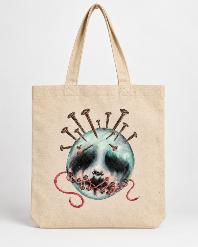 Muted Doll, This tote bag carries a story hidden behind the seams. Featuring a tormented doll with eyes that have seen too much and lips forever stitched shut to guard the darkest secrets. She stands as a symbol of silent pain, misunderstood souls, and the rebellious beauty found only in the shadows.
Crafted for those who find comfort in the dark, embrace their scars, and wear their individuality with pride. The ultimate statement piece for every goth, alternative soul, and dark dreamer who knows that the quietest creatures often hold the loudest stories. Express your dark aesthetic and carry your secrets with you.