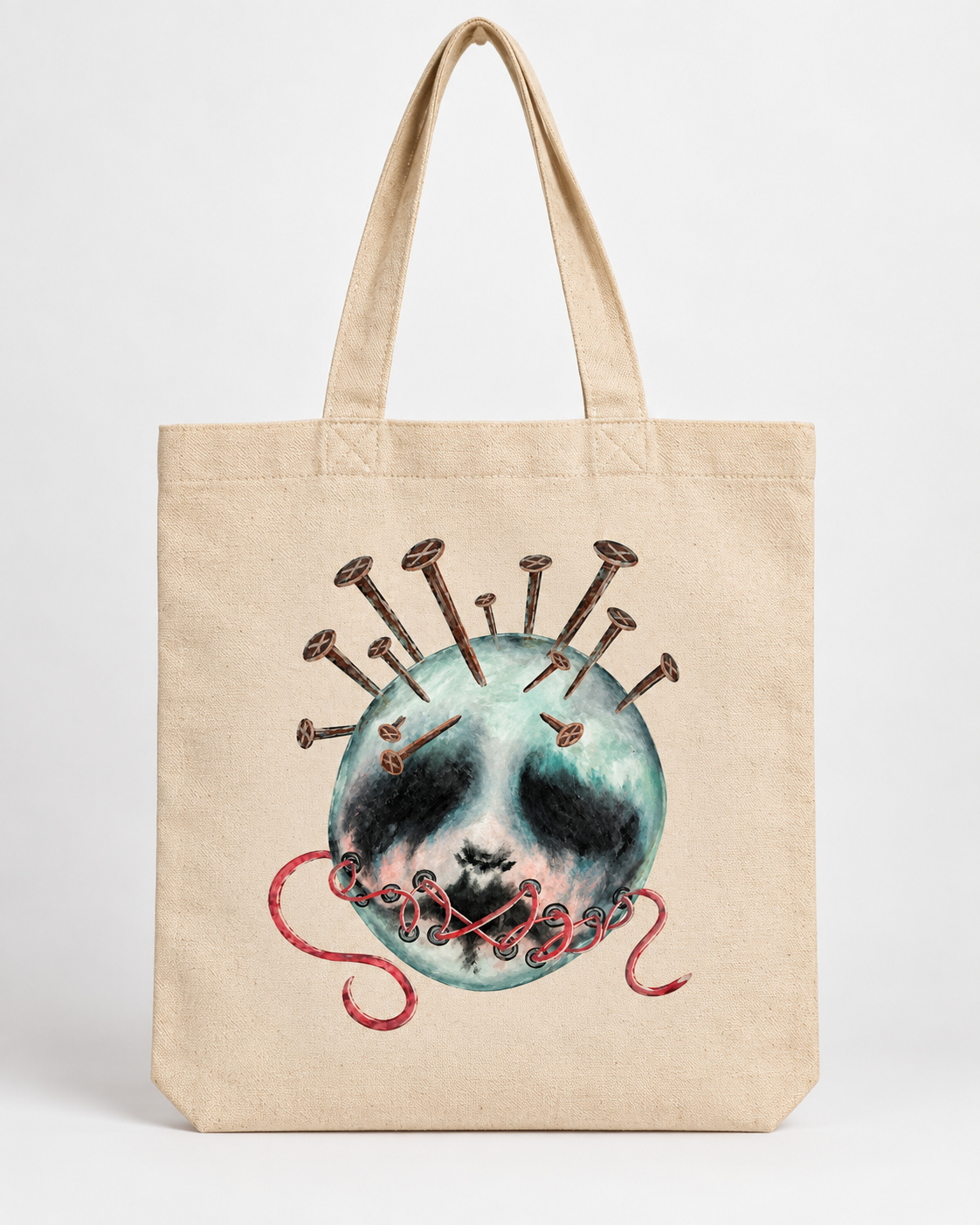 Muted Doll, This tote bag carries a story hidden behind the seams. Featuring a tormented doll with eyes that have seen too much and lips forever stitched shut to guard the darkest secrets. She stands as a symbol of silent pain, misunderstood souls, and the rebellious beauty found only in the shadows.
Crafted for those who find comfort in the dark, embrace their scars, and wear their individuality with pride. The ultimate statement piece for every goth, alternative soul, and dark dreamer who knows that the quietest creatures often hold the loudest stories. Express your dark aesthetic and carry your secrets with you.