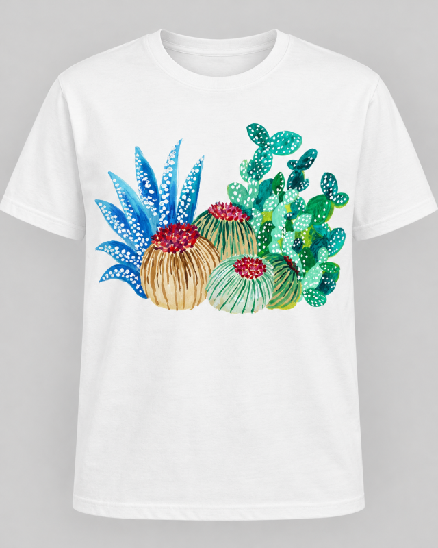 Desert Harmony, “Desert Harmony” depicts a stylized botanical world through a playful composition of cacti and succulents. The contrast between cool blue and green tones and the warm yellow background emphasizes the diversity of forms and the rhythm of nature.
Simplified shapes, expressive lines, and decorative details create harmony between geometry and organic structures. The artwork explores the beauty of adaptation, resilience, and life in a seemingly inhospitable environment.