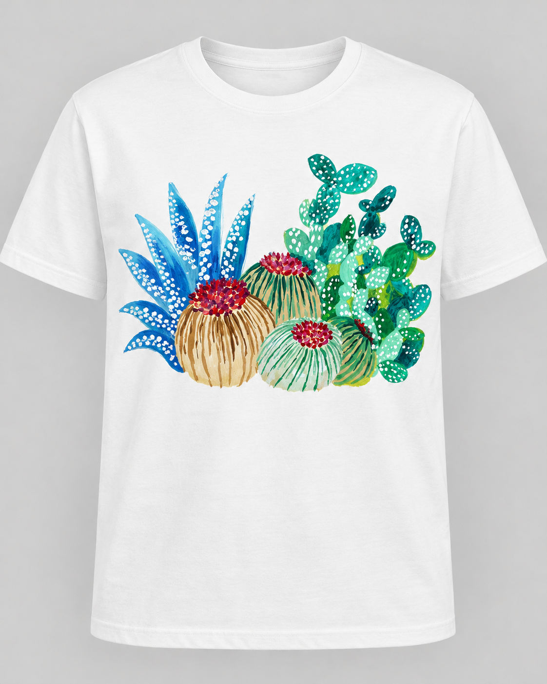 Desert Harmony, “Desert Harmony” depicts a stylized botanical world through a playful composition of cacti and succulents. The contrast between cool blue and green tones and the warm yellow background emphasizes the diversity of forms and the rhythm of nature.
Simplified shapes, expressive lines, and decorative details create harmony between geometry and organic structures. The artwork explores the beauty of adaptation, resilience, and life in a seemingly inhospitable environment.
