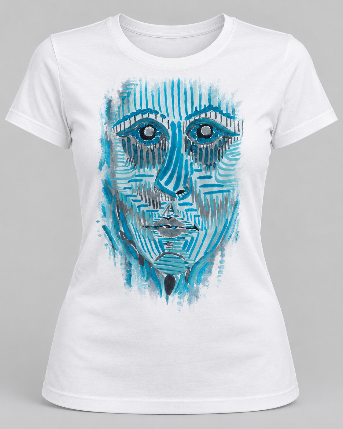Hypnosis, The artwork "Hypnosis" stands as a fascinating visual study of the human psyche, executed through the prism of a suppressed cry and profound introspection. The artist deliberately deconstructs the classical form of the portrait, reducing facial anatomy to a complex web of vibrating, linear structures. Through a hypnotic rhythm of parallel and interlocking strokes within a monochromatic register of cobalt blue, turquoise, and deep black tones, a visual tension is generated—simulating the flickering of electromagnetic waves or the currents of thoughts captured in a moment of trance.
The focal point of this vibrant textural network rests in the oversized, enigmatic eyes. Rather than observing the external world, they function as a mirror to an inner abyss, locking the viewer in a magnetic grip that dissolves the boundary between the observer and the observed. The vertical rhythm of lines across the forehead stands in sharp contrast to the anxious, horizontal, and diagonal segments around the lips and cheeks, visually articulating a sense of entrapment and existential muteness. Light within the piece does not originate from an external source; it erupts from the whites of the canvas itself, piercing through the dense layers of paint to grant the face a ghostly, almost spiritual luminescence.