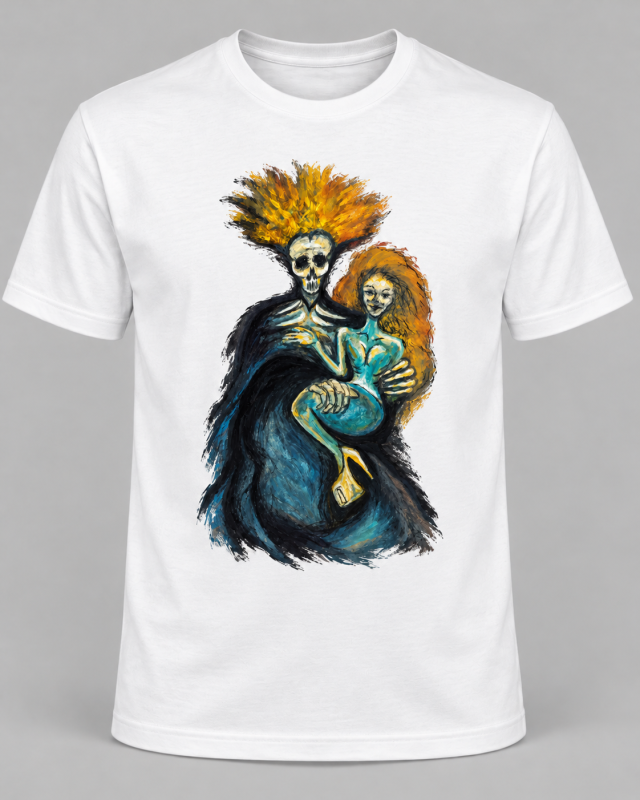 Embrace of mortality, The artwork explores life and death through the embrace of two figures. Contrasting colors symbolize impermanence, intimacy, and the inevitability of mortality.
