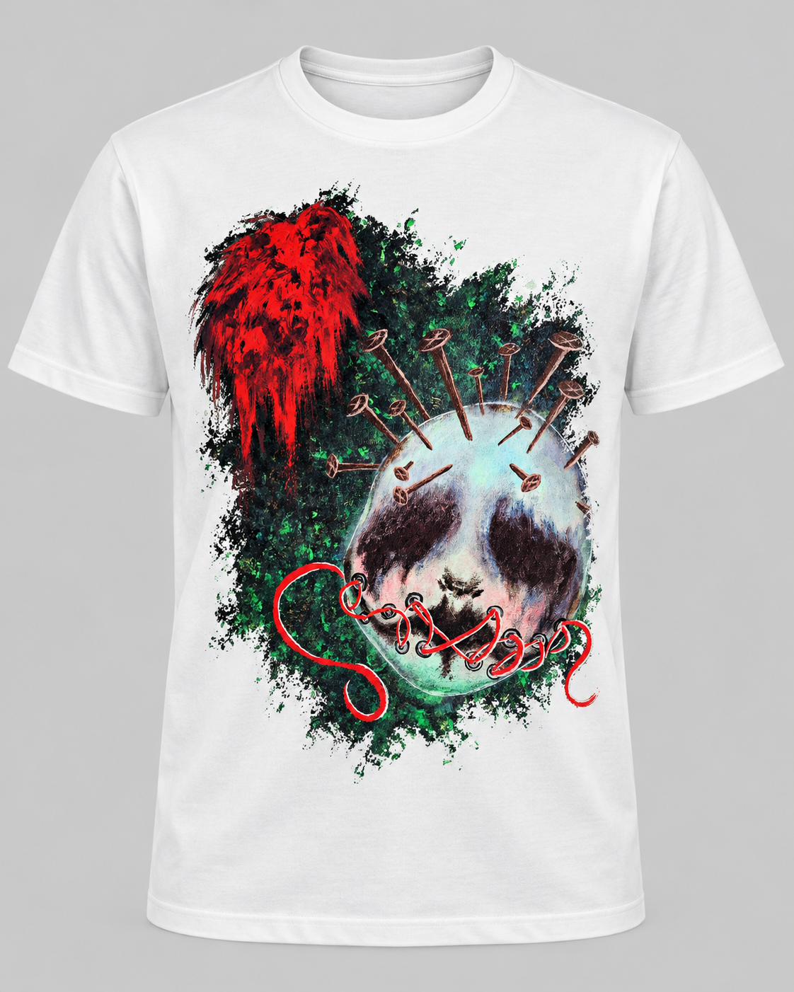 Silenced Consciousness, The artwork symbolizes inner pain, suppressed emotions, and the inability to express oneself. Nails and red thread represent psychological pressure, while contrasting colors emphasize the conflict between the inner and outer world.