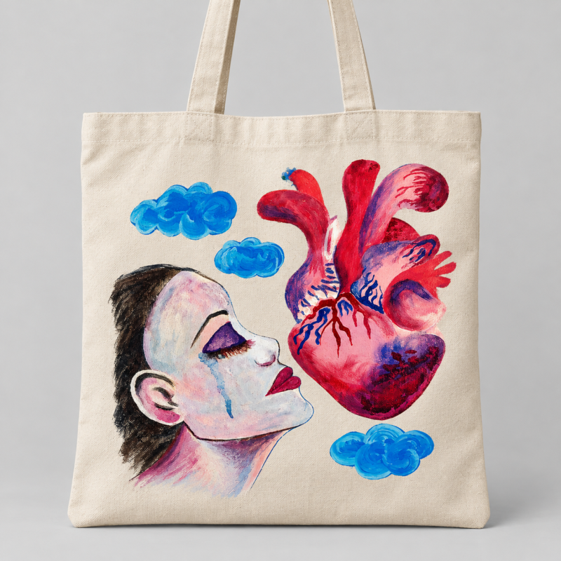 Whisper of the Heart, Canvas tote bag featuring an original artistic print that depicts a female profile facing an anatomical heart. The contrast of intense red, pink, and blue tones emphasizes the relationship between emotions, the inner world, and human vulnerability.
This expressive motif blends naturally into the light canvas background, turning an everyday fashion accessory into a piece of wearable art.
The bag is designed for individuals who appreciate originality, art, and fashion accessories with personal symbolism. It is suitable for everyday use, work, university, shopping, and leisure.
• Occasion: Birthday, Valentine's Day, Christmas, International Women's Day, Mother's Day, anniversary, or as a thoughtful gift for no specific occasion.
• Age: Teenagers and adults, recommended 16+.
• Gender: Women, unisex.
• Ideal for: Lovers of art, symbolic motifs, original fashion accessories, and signature designer work.
• Style: Artistic, expressive, romantic, alternative.
• Season: All seasons.
• Gift Type: An original, artistic, and practical gift with emotional symbolism.