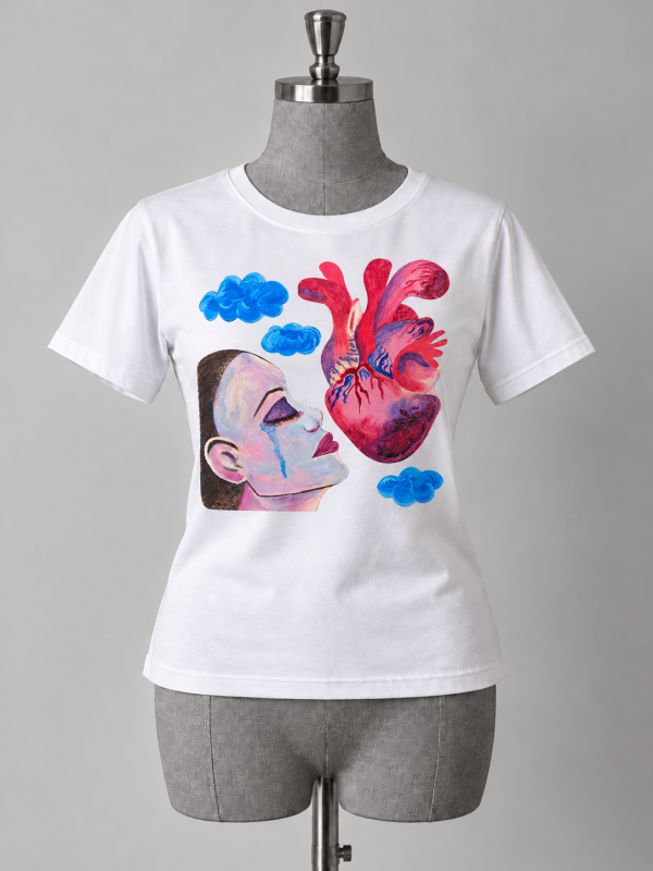 Whisperof the Heart, This cotton T-shirt featuring the original artistic print "Whisper of the Heart" is designed as a striking, expressive, and wearable piece of art. Given its powerful symbolism and aesthetics, here is detailed information regarding its purpose, target audience, and fit:

Who is it for?

The T-shirt is ideal for:
• Lovers of art and original design who prefer wearing unique motifs instead of mass-produced clothing.
• Individuals with an alternative and expressive style who like to use clothing to express their inner world, emotions, and deeper symbolism.
• Collectors of unique fashion accessories and anyone who appreciates motifs of surrealism, psychological depth, and romantic melancholy.

Is it unisex?

• Aesthetics of the motif: Yes, the motif is completely unisex and functions as a universal artwork that can be worn with equal impact by both women and men. The motif speaks to universal human vulnerability, sorrow, and emotions that know no gender.
• T-shirt fit: The model shown in the image features a classic women's (fitted) cut with slightly shorter sleeves. However, if the same print is applied to a straight, oversized, or classic straight-cut T-shirt, it becomes a perfect unisex garment suitable for everyone.

Gift Occasions

This T-shirt makes a perfect, original, and practical gift for birthdays, Valentine's Day, Christmas, anniversaries, or as a thoughtful gesture for a close friend or loved one who is going through a meaningful emotional period or simply adores this type of aesthetic.
